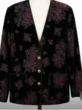 Vintage Style Regal Velvet Feel Floral Embroidered Blazer Jacket Size 10